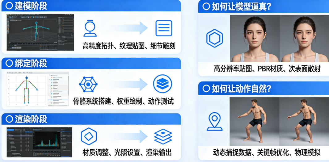 如何让模型逼真?如何让动作自然?——3D数字人建模、绑定、渲染全流程实操指南