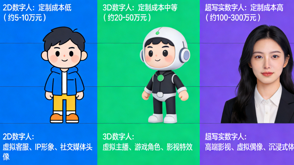 2D数字人vs3D数字人vs超写实数字人：不同形象类型的定制成本与应用场景对比
