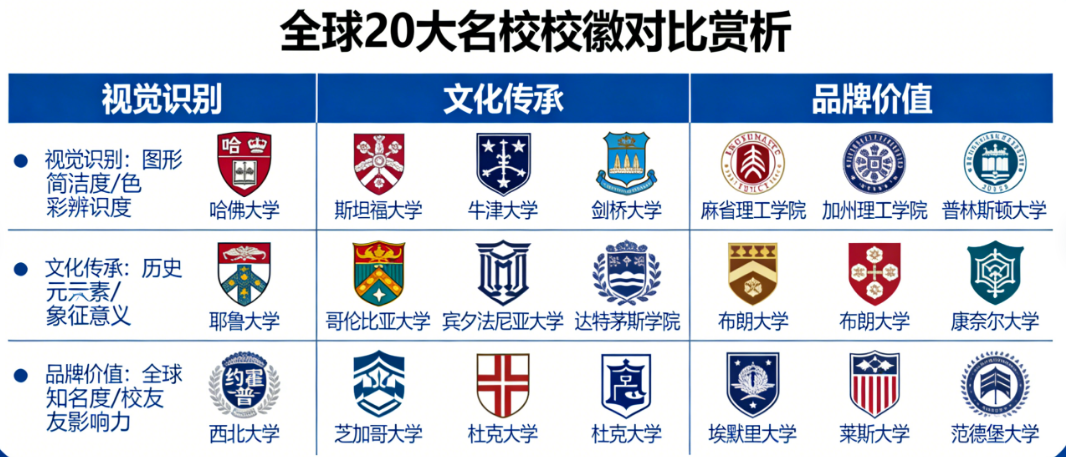 全球20大名校校徽,哪个更出色?从视觉识别、文化传承到品牌价值的深度对比赏析