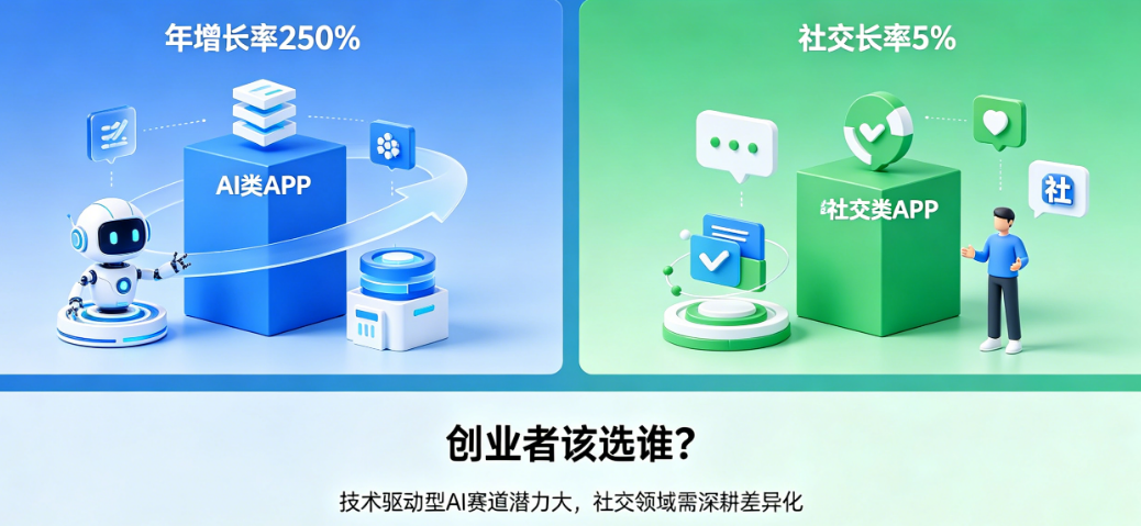 看懂APP增长趋势!AI类250%暴涨 vs 社交类5%停滞，创业者该选谁?