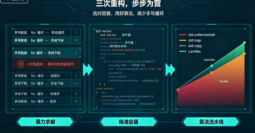 C++与STL实战:3次递进式代码重构,助我突破算法瓶颈,分数节节攀升